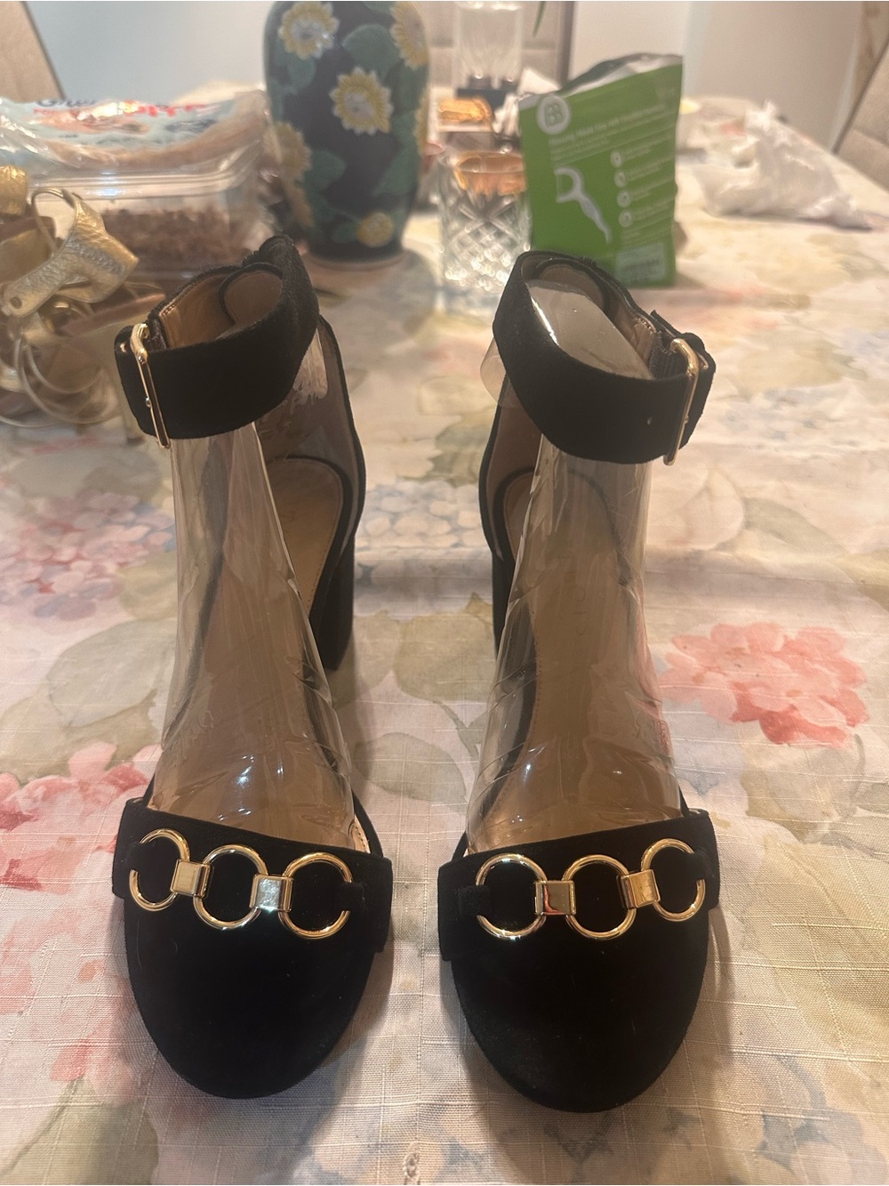 Talbots Black Suede Ankle-Strap Heels with Gold Chain Detail